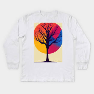 Rainbow Abstract Moon Vibrant Colored Whimsical Minimalist Lonely Tree - Bright Colorful Nature Poster Art of a Leafless Branches Kids Long Sleeve T-Shirt